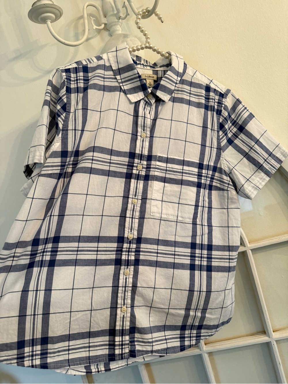 L.L Bean Blue & White Plaid short sleeve button up shirt 100% organic cotton
